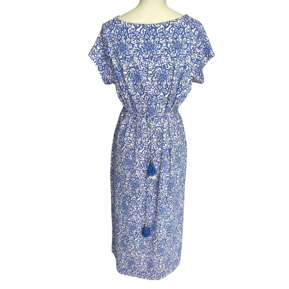J Jill Blue Pink Floral Coastal Boho Midi Dress Tassel Size Medium Petite